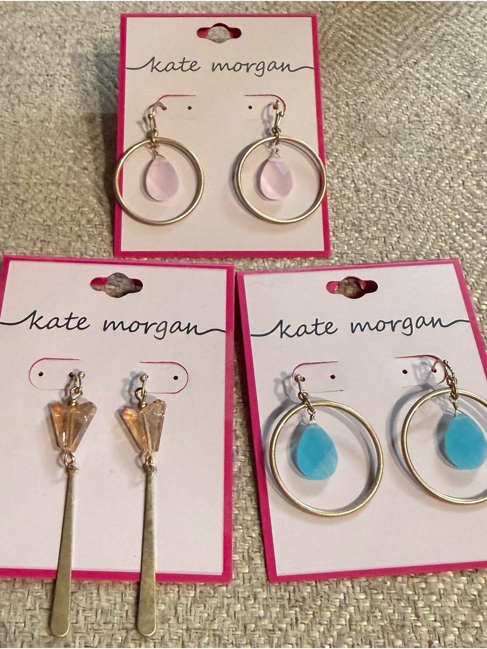 Kate Morgan Gold Hoop Earrings with Teardrop Charms Lot - Pink, Blue & Yellow